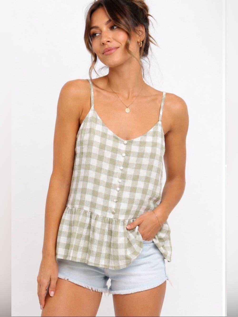 MINE Gingham Peplum Cami Top – Size Small – Excellent Used Condition